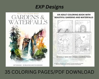 Gardens and Waterfalls Coloring Book for Adults /35 Unique and Detailed Designs /PDF Printable Download