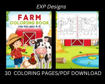 Farm Coloring Book for Kids Ages 6-9 Coloring Book /30 Coloring Pages /PDF Printable Download