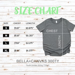 May include: Size chart for a youth unisex jersey t-shirt. The chart shows sizes S, M, L, and XL with corresponding chest and length measurements in inches. The chart is on a woodgrain background.