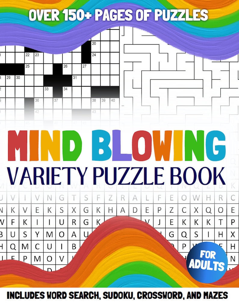 Pu&ograve; includere: Una copertina di libro con un design arcobaleno e il testo "Mind Blowing Variety Puzzle Book" in grandi lettere colorate. La copertina include anche un esempio di cruciverba e un labirinto. Il libro &egrave; per adulti e include parole crociate, Sudoku, cruciverba e labirinti.