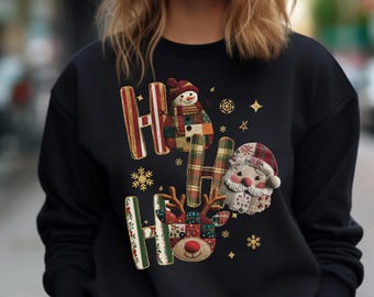 Vintage Christmas Sweater,Patchwork Christmas Shirt, Ho Ho Ho Christmas Sweatshirt,Santa Claus Shirt, Holiday Snowman Reindeer shirt,Merry T