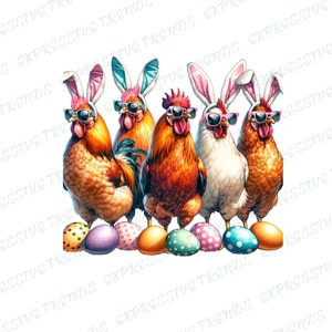 May include: Five chickens wearing pink bunny ears and sunglasses stand on a white background. Each chicken is standing on a colorful Easter egg with polka dots.