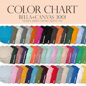 May include: Color chart for Bella + Canvas 3001 unisex jersey short sleeve t-shirts. The chart shows 36 different colors, including Aqua, Army, Asphalt, Autumn, Berry, Black Heather, Black, Brown, Burnt Orange, Dark Grey Heather, Forest, Gold, Heather Deep Teal, Heather Forest, Heather Mauve, Heather Midnight Navy, Heather Orange, Heather Orchid, Heather Raspberry, Heather True Royal, Kelly, Leaf, Mauve, Navy, Ocean Blue, Olive, Oxblood Black, Red, Silver, Steel Blue, True Royal, and Yellow.