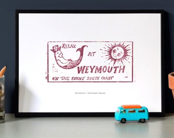 Weymouth print - vintage postmark art - Relax at Weymouth, sunny south coast - Dorset postmark print - retro seaside poster & gift A3 A4 A5