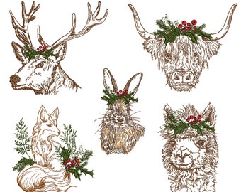 Conjunto de 5 desenhos de bordado à máquina com animais natalinos: vaca escocesa das Terras Altas, lhama, veado, raposa e coelho. Download instantâneo em arquivo ZIP - 5 tamanhos.
