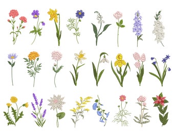 24 Flowers Machine Embroidery Design ORIGINAL, Birth Flower Floral Botanical Wildflower Meadow Garden Pattern Instant Download Zip -6 sizes
