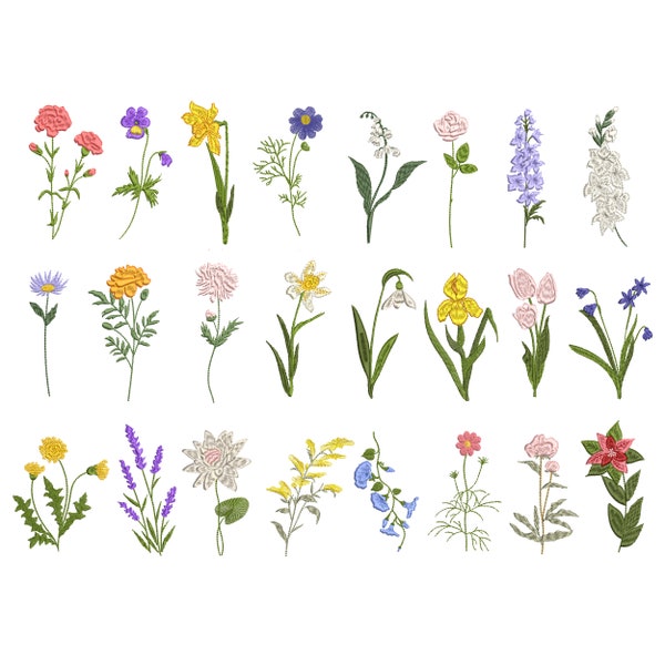 24 Flowers Machine Embroidery Design ORIGINAL, Birth Flower Floral Botanical Wildflower Meadow Garden Pattern Instant Download Zip -6 sizes
