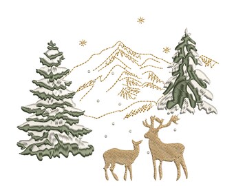 Desenho de bordado à máquina "Veado nas Montanhas", padrão natalino para download instantâneo em ZIP - 5 tamanhos