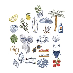 24 diseños de bordado a máquina Coastal Dolce Vita, patrón náutico de lazo, concha, cangrejo y costa mediterránea, descarga instantánea ZIP - 7 tamaños