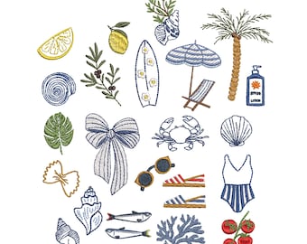 24 Coastal Dolce Vita Machine Embroidery Designs, Nautical Bow Sea Shell Crab Mediterranean Seaside Pattern Instant Download ZIP- 7 sizes