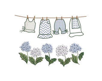 Countryside Laundry Hydrangea Machine Embroidery Design (Instant Download Zip File) 5 sizes
