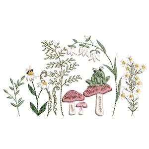 Lovely Mushrooms Machine Embroidery Design, Floral Meadow Flower Frog on Mushroom Pattern Instant Download Zip - 6 sizes