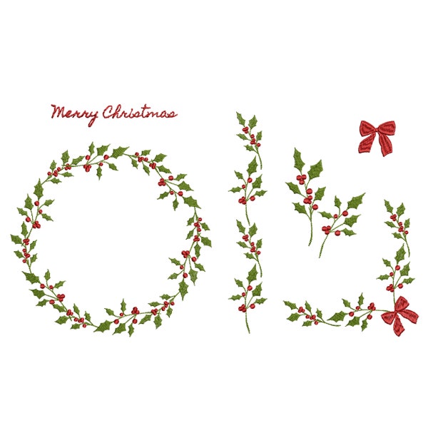 Christmas Wreath, Border and Corners Machine Embroidery, Mistletoe Botanical Bow Winter Holiday Design Instant Download ZIP- 5 sizes