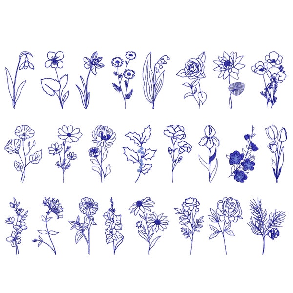 24 Birth Flowers Machine Embroidery Design Bundle, Birth Flower Wildflower Pattern Instant Download Zip File -6 sizes