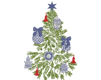 Chinoiserie Christmas Tree with Ornaments Machine Embroidery Design, Instant Download ZIP- 7 Sizes