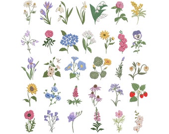 Flowers, Bee, Dragonfly Machine Embroidery Design Bundle (Instant Download, 5 sizes)
