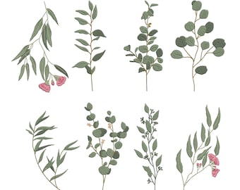 Eucalyptus Blossom Border and Branch Machine Embroidery Design Set, Botanical Wedding Monogram Download Zip - 5 sizes