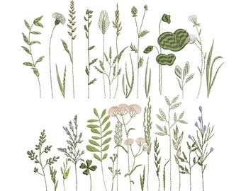 May include: A collection of 28 embroidered green, white, and purple wildflowers and grasses. The flowers and grasses are arranged in two rows, with the top row featuring a variety of wildflowers and the bottom row featuring a variety of grasses.