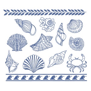 11 Sea Shells and 2 Borders Machine Embroidery Designs Bundle, Greek Ornament Sea Conch Shell Crab Pattern Instant Download ZIP- 5 sizes