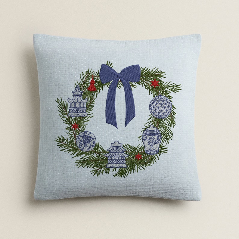 Chinoiserie Christmas Wreath With Ornaments Machine Embroidery Etsy