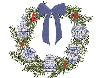 Chinoiserie Christmas Wreath with Ornaments Machine Embroidery Design, Instant Download ZIP- 6 Sizes