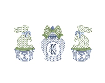 Chinoiserie Easter Bunny Monogram Vase for Machine Embroidery, Blue and White Rabbit Design Instant Download Zip - 5 sizes