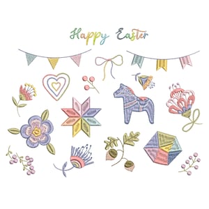 May include: A set of 12 embroidered Easter-themed designs, including a heart, a star, a flower, a horse, and a geometric shape. The designs are in pastel colours and have a vintage feel. The text "Happy Easter" is also included in the design.
