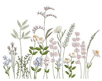 Wildflower Meadow Machine Embroidery Design, Floral Botanical Pattern Instant Download Zip - 18 elements-  8 sizes