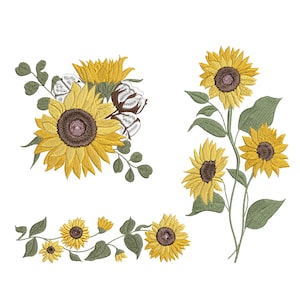 Sonnenblumen-Rand und Blumenstrauß, Maschinenstickerei-Design, Blumen-Botanischer-Garten-Zweig-Muster, sofortiger Download, Zip – 6 Größen
