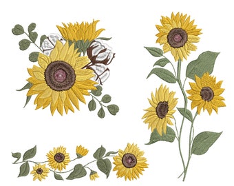 Sunflower Border and Bouquet Machine Embroidery Design, Floral Botanical Garden Branch Pattern Instant Download Zip - 6 Sizes