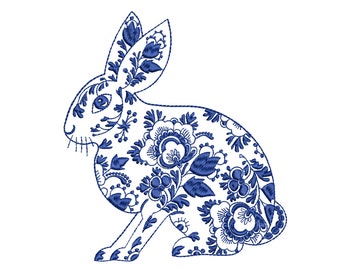 Easter Chinoiserie Bunny for Machine Embroidery Blue and White Spring Rabbit Pattern Instant Download Zip - ANY SIZE