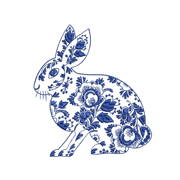 Lapin de Chinoiserie de Pâques pour Broderie à la machine Bleu et Blanc Printemps Lapin Motif Téléchargement Instantané Zip - TOUTE TAILLE