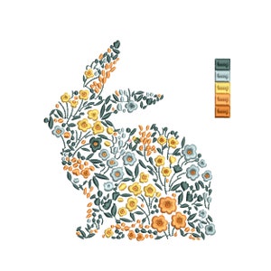 Pode incluir: Desenho bordado de um coelho feito de flores amarelas, laranja e azuis com folhas verdes.