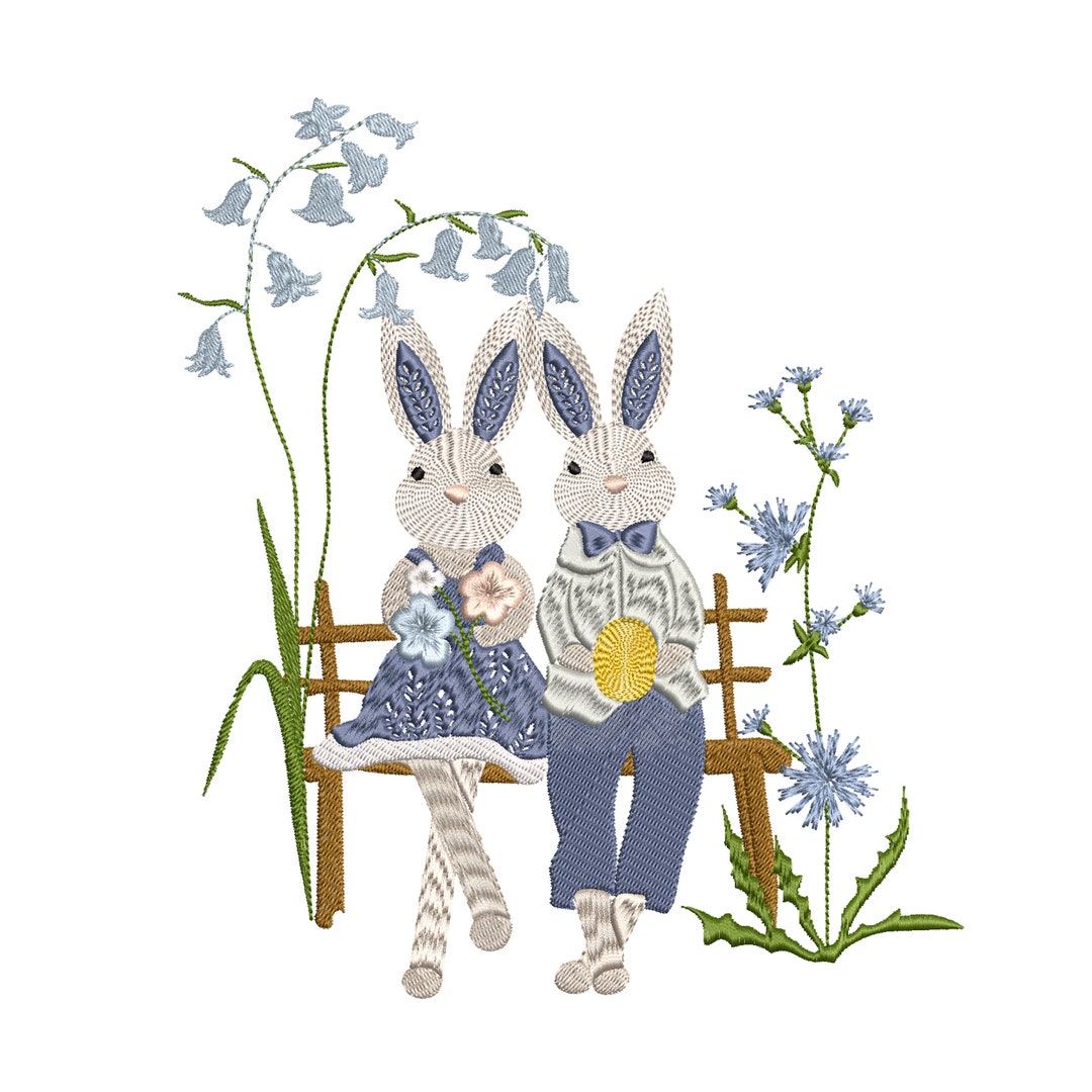 Easter Chinoiserie Bunny Couple Machine Embroidery Design, Blue and ...
