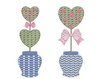 Chinoiserie cuore vasi macchina ricamo Design Bundle, Chinoiserie blu e bianco San Valentino Download immediato Zip - 6 dimensioni