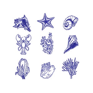 9 Sea Shell Nautical Chinoiserie Chic Tropical Marine Ocean Fish Lobster Machine Embroidery Design Pattern Instant Download ZIP- 4 sizes