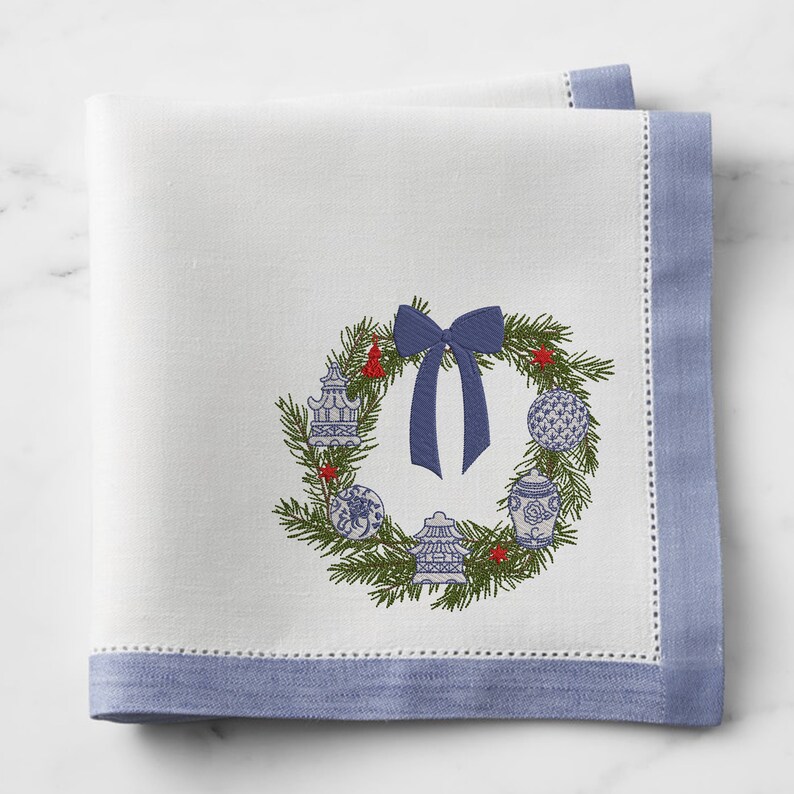 Chinoiserie Christmas Wreath With Ornaments Machine Embroidery Etsy