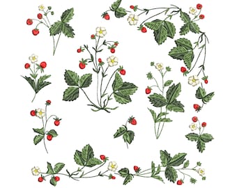 Wild Strawberry Border and Corner for Machine Embroidery Design, Botanical Flower Pattern Instant Download Zip, 10 elements, - 5 sizes
