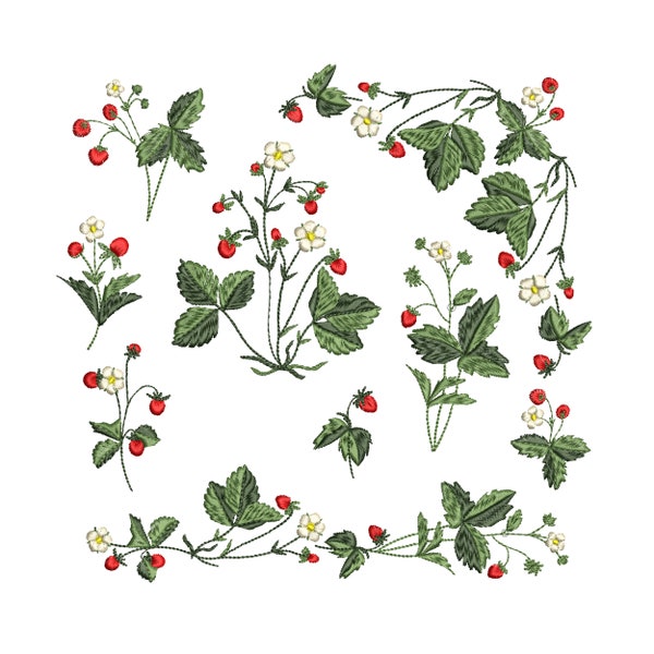 Wild Strawberry Border and Corner for Machine Embroidery Design, Botanical Flower Pattern Instant Download Zip, 10 elements, - 5 sizes