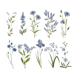 Blue Wild Flowers Machine Embroidery Design Set #1, Floral Botanical Garden Pattern Instant Download Zip - 5 sizes