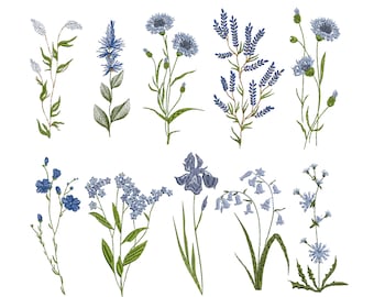 May include: A set of 10 embroidery designs featuring blue and green wildflowers. The designs include forget-me-nots, irises, cornflowers, and lavender.