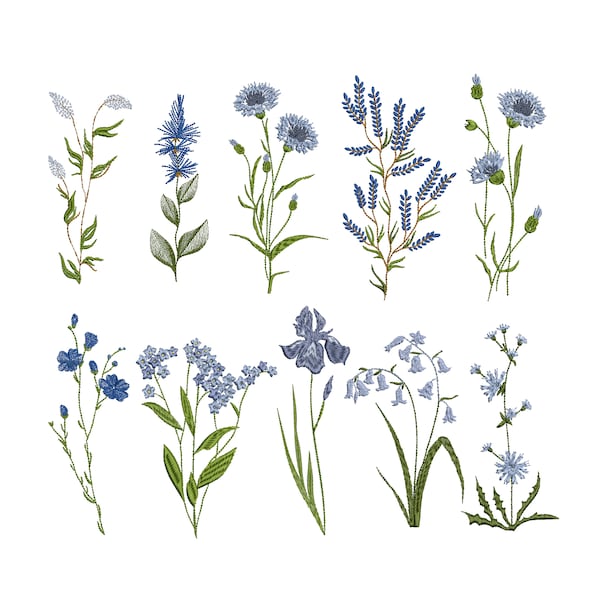 Blaue Wildblumen Maschinenstickerei Set #1, Floral Botanische Garten Muster Instant Download Zip - 5 Größen