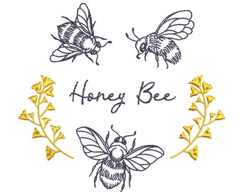 Honey Bee Machine Embroidery Bees Floral Botanical Flower Garden Insect Pattern Instant Download Zip - ANY SIZE