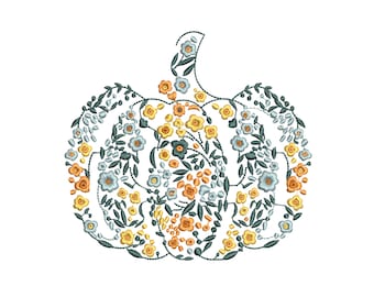 Thanksgiving Flower Pumpkin Machine Embroidery Design, Blue and White Autumn Pattern Instant Download Zip - 6 sizes