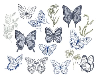 11 Butterfly Machine Embroidery Designs, Wildflower Flower Butterflies Pattern Instant Download ZIP- 5 sizes