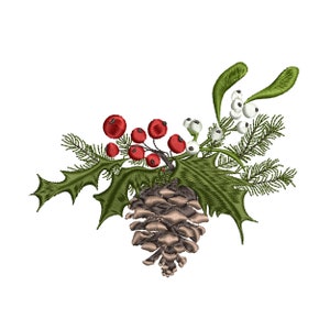 Christmas Pine Cone Machine Embroidery, Mistletoe Botanical Bow Winter Holiday Design Instant Download ZIP- 8 sizes