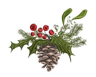 Christmas Pine Cone Machine Embroidery, Mistletoe Botanical Bow Winter Holiday Design Instant Download ZIP- 8 sizes