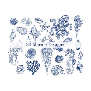 Paquete de 24 diseños de bordado a máquina con elementos marinos (descarga instantánea, ZIP, 3 tamaños)