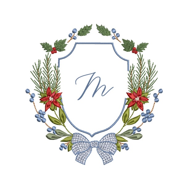 Christmas Monogram Crest Machine Embroidery Design, Botanical Bow Winter Holiday Instant Download ZIP- 7 sizes