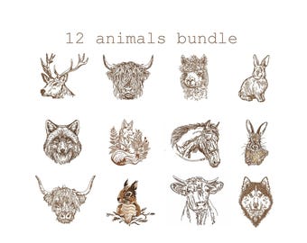 12 Animal Bundle Machine Embroidery Design, Scottish Highland Cow LLama Deer Rabbit, Download ZIP- 4 sizes
